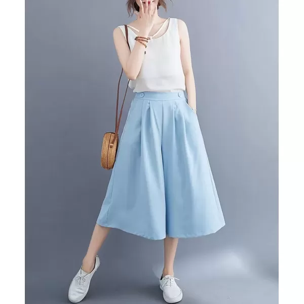 imagechouyatou Womens High Elastic Waisted Wide Leg Capris Business Casual Cropped Culotte Pants with PocketsSky Blue