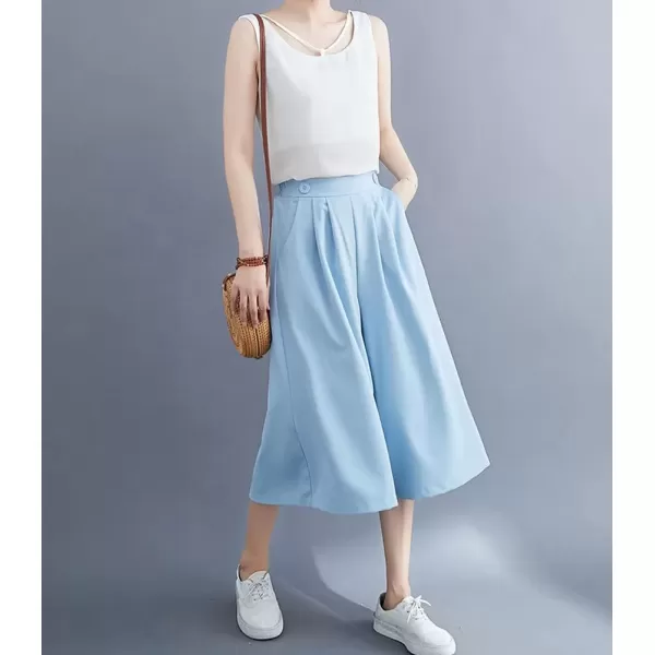 imagechouyatou Womens High Elastic Waisted Wide Leg Capris Business Casual Cropped Culotte Pants with PocketsSky Blue