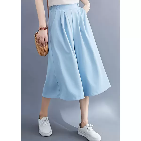 imagechouyatou Womens High Elastic Waisted Wide Leg Capris Business Casual Cropped Culotte Pants with PocketsSky Blue