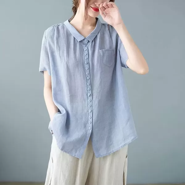 imagechouyatou Womens Lightweight Loose Spread Collar Button Down Linen Shirts Top BlouseBlue