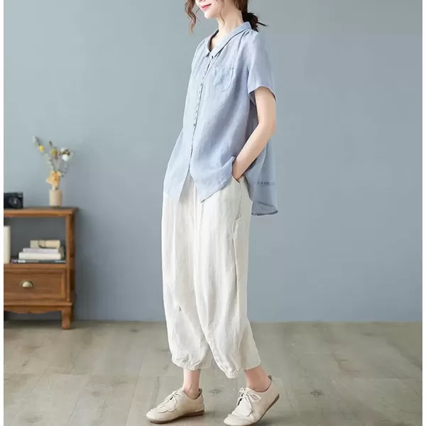 imagechouyatou Womens Lightweight Loose Spread Collar Button Down Linen Shirts Top BlouseBlue