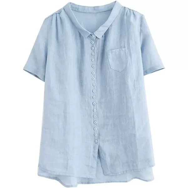 imagechouyatou Womens Lightweight Loose Spread Collar Button Down Linen Shirts Top BlouseBlue