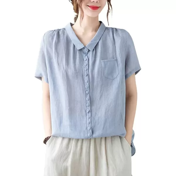 imagechouyatou Womens Lightweight Loose Spread Collar Button Down Linen Shirts Top BlouseBlue