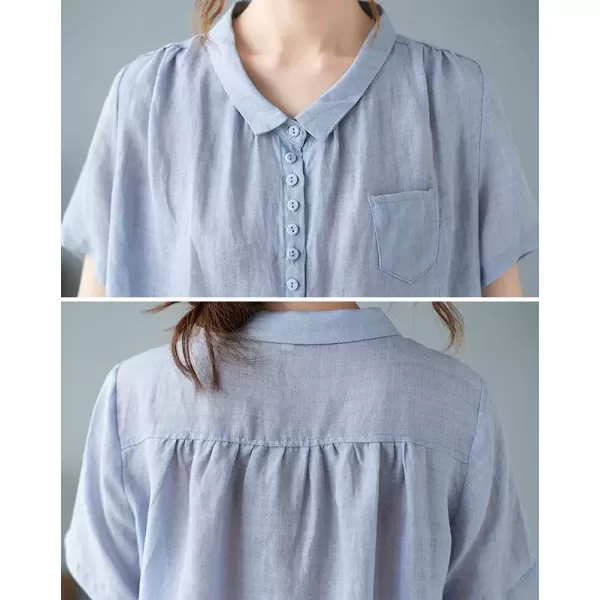 imagechouyatou Womens Lightweight Loose Spread Collar Button Down Linen Shirts Top BlouseBlue