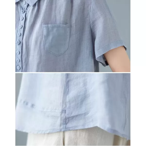 imagechouyatou Womens Lightweight Loose Spread Collar Button Down Linen Shirts Top BlouseBlue