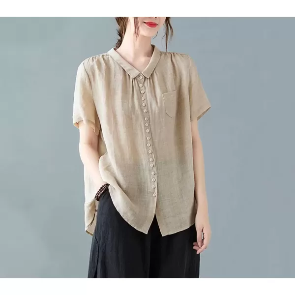 imagechouyatou Womens Lightweight Loose Spread Collar Button Down Linen Shirts Top BlouseKhaki
