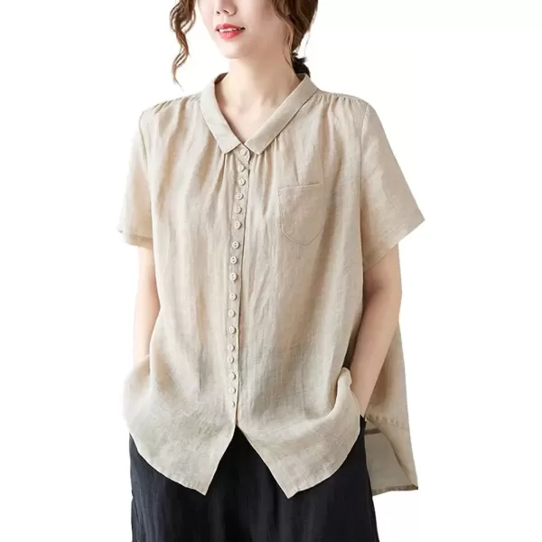 imagechouyatou Womens Lightweight Loose Spread Collar Button Down Linen Shirts Top BlouseKhaki