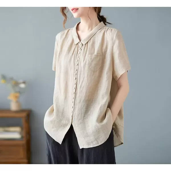 imagechouyatou Womens Lightweight Loose Spread Collar Button Down Linen Shirts Top BlouseKhaki