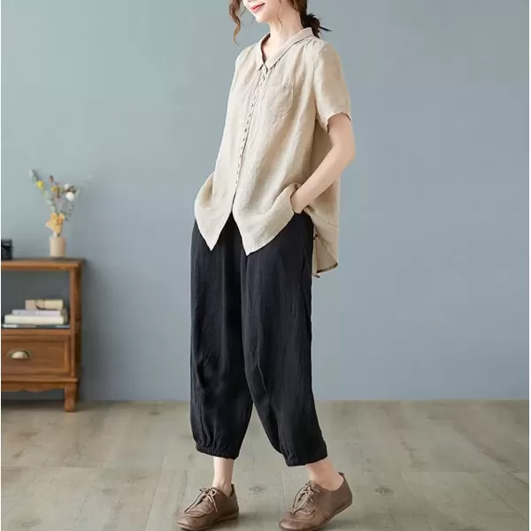 imagechouyatou Womens Lightweight Loose Spread Collar Button Down Linen Shirts Top BlouseKhaki