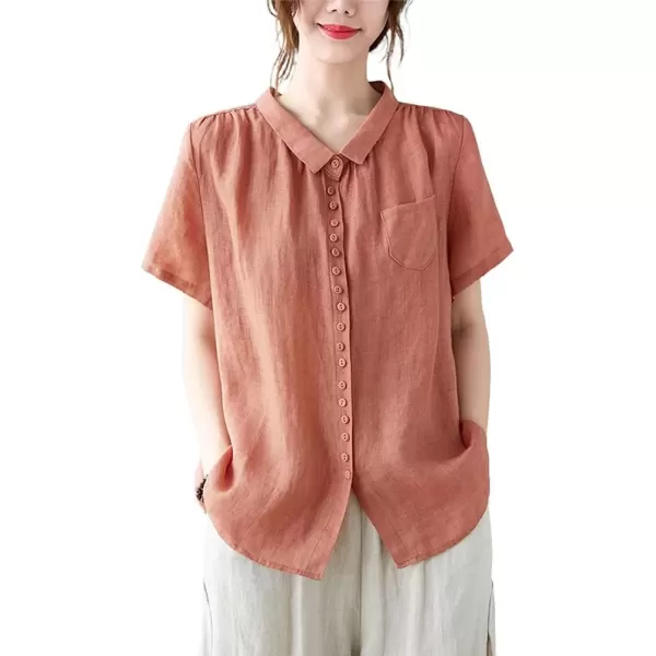 imagechouyatou Womens Lightweight Loose Spread Collar Button Down Linen Shirts Top BlouseOrange