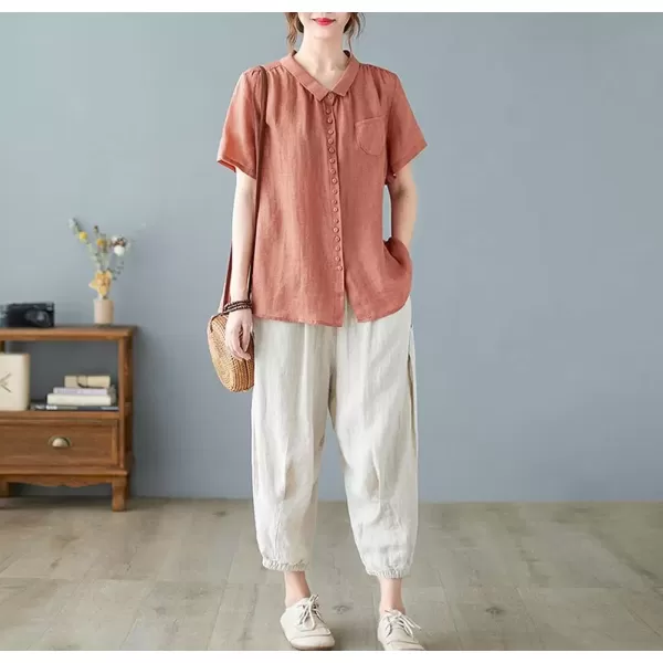imagechouyatou Womens Lightweight Loose Spread Collar Button Down Linen Shirts Top BlouseOrange