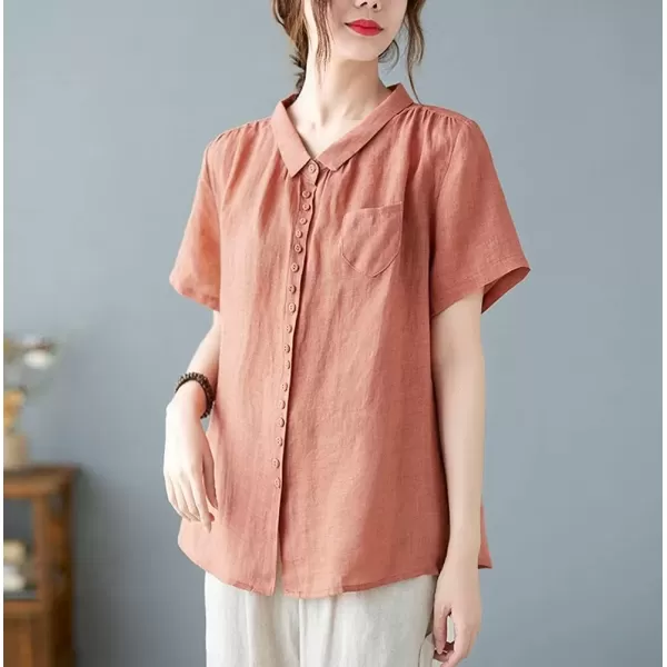 imagechouyatou Womens Lightweight Loose Spread Collar Button Down Linen Shirts Top BlouseOrange