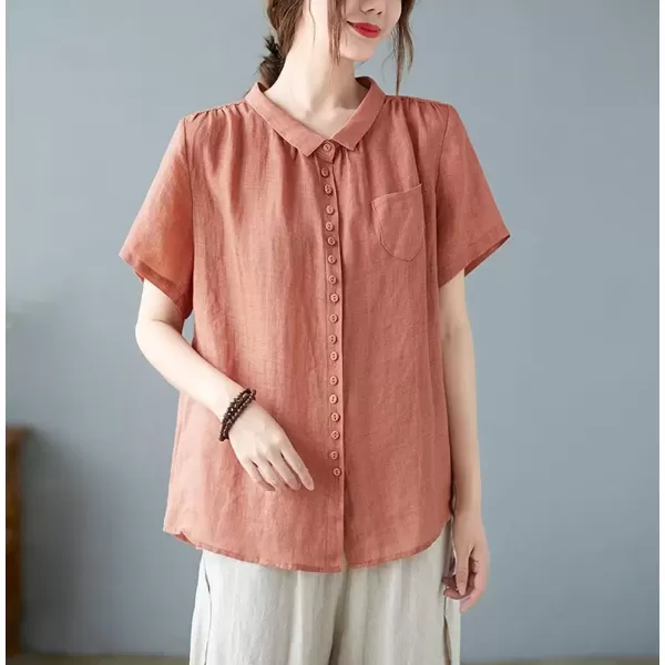 imagechouyatou Womens Lightweight Loose Spread Collar Button Down Linen Shirts Top BlouseOrange