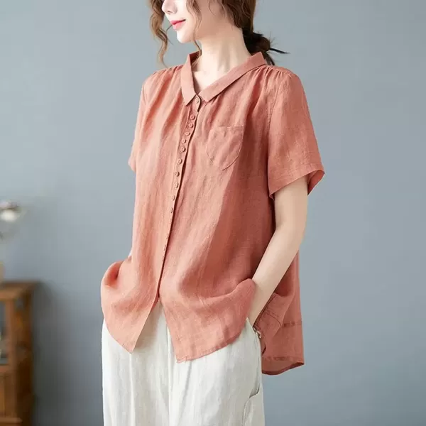 imagechouyatou Womens Lightweight Loose Spread Collar Button Down Linen Shirts Top BlouseOrange