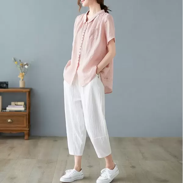 imagechouyatou Womens Lightweight Loose Spread Collar Button Down Linen Shirts Top BlousePink