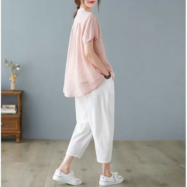 imagechouyatou Womens Lightweight Loose Spread Collar Button Down Linen Shirts Top BlousePink