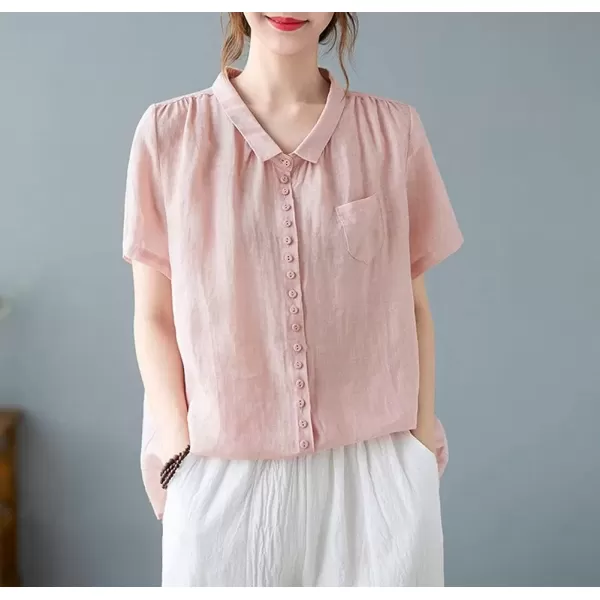 imagechouyatou Womens Lightweight Loose Spread Collar Button Down Linen Shirts Top BlousePink