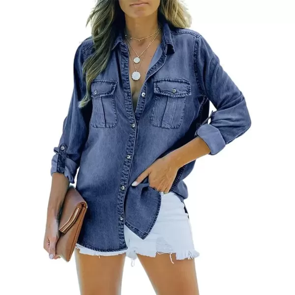 imagechouyatou Womens Long Sleeve Button Down Denim Shirts Loose Fit Business Casual Jean Blouse TopsBlue