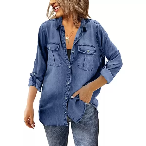 imagechouyatou Womens Long Sleeve Button Down Denim Shirts Loose Fit Business Casual Jean Blouse TopsBlue
