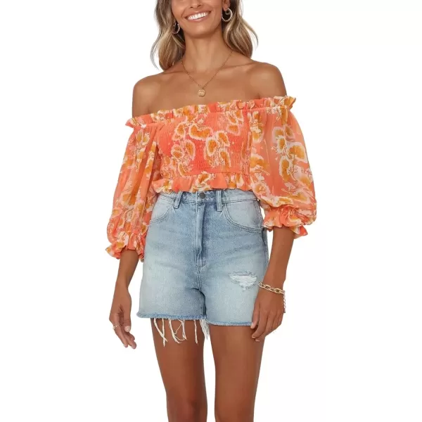 imagechouyatou Womens Off The Shoulder Puff Sleeve Boho Floral Smocked Cropped Chiffon Blouse TopsOrange