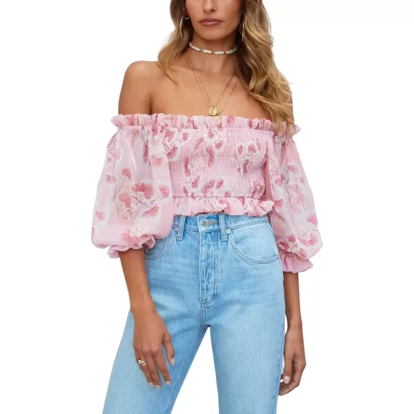 imagechouyatou Womens Off The Shoulder Puff Sleeve Boho Floral Smocked Cropped Chiffon Blouse TopsPink