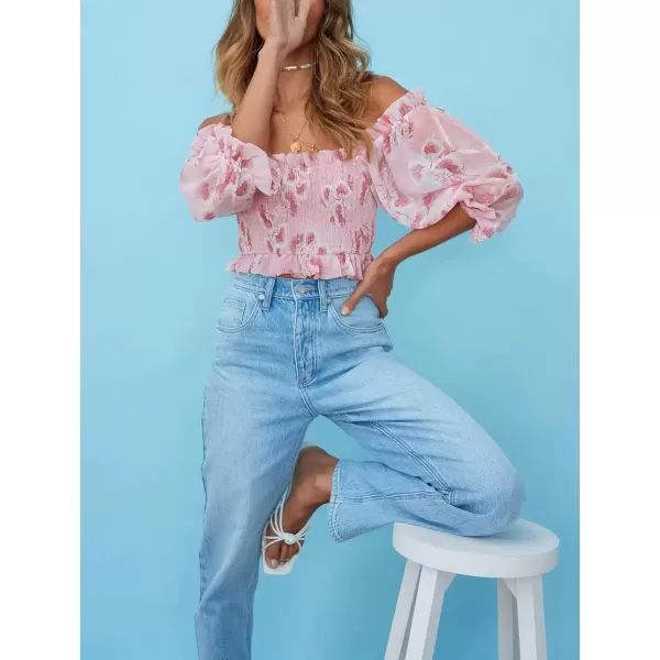 imagechouyatou Womens Off The Shoulder Puff Sleeve Boho Floral Smocked Cropped Chiffon Blouse TopsPink