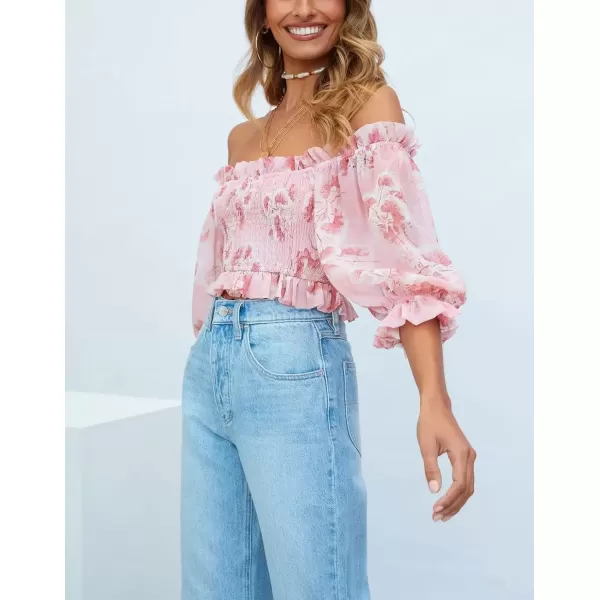 imagechouyatou Womens Off The Shoulder Puff Sleeve Boho Floral Smocked Cropped Chiffon Blouse TopsPink