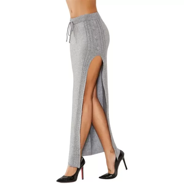 imagechouyatou Womens Sexy High Slit Cable Knit Maxi Skirt Drawstring Elastic Waist Package Hip Sweater Long SkirtGray