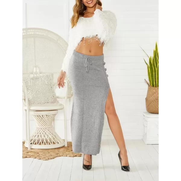imagechouyatou Womens Sexy High Slit Cable Knit Maxi Skirt Drawstring Elastic Waist Package Hip Sweater Long SkirtGray