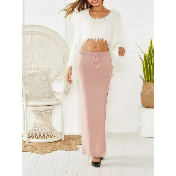 imagechouyatou Womens Sexy High Slit Cable Knit Maxi Skirt Drawstring Elastic Waist Package Hip Sweater Long SkirtPink