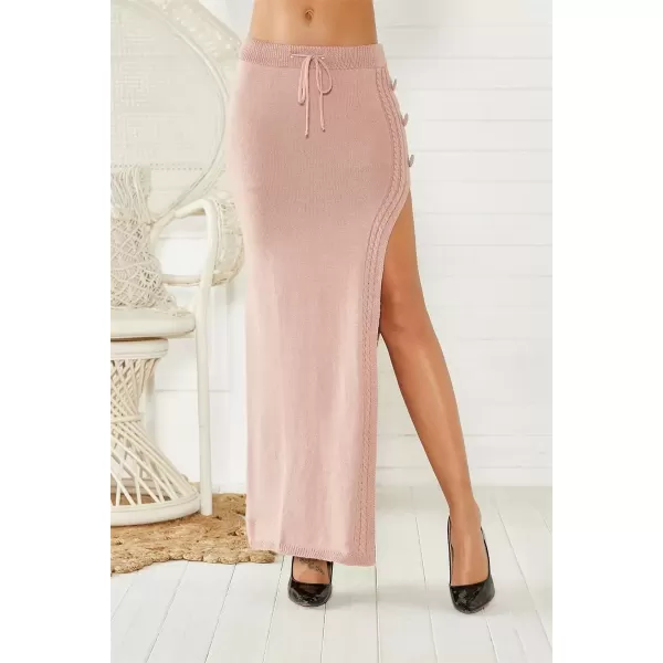 imagechouyatou Womens Sexy High Slit Cable Knit Maxi Skirt Drawstring Elastic Waist Package Hip Sweater Long SkirtPink