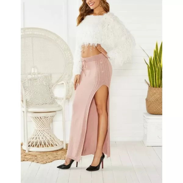 imagechouyatou Womens Sexy High Slit Cable Knit Maxi Skirt Drawstring Elastic Waist Package Hip Sweater Long SkirtPink