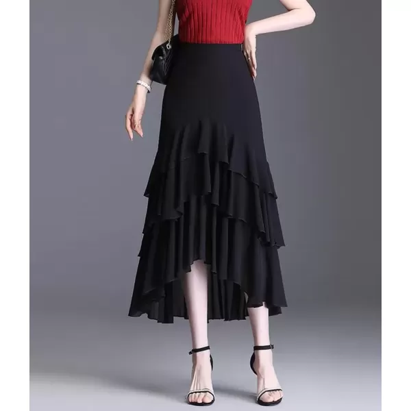 imagechouyatou Womens Sexy Irregular High Low Ruffle Chiffon Skirt Boho Flowy Swing Tiered Midi Long SkirtBlack