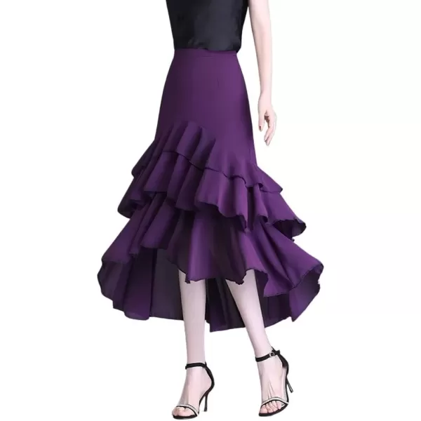 imagechouyatou Womens Sexy Irregular High Low Ruffle Chiffon Skirt Boho Flowy Swing Tiered Midi Long SkirtPurple