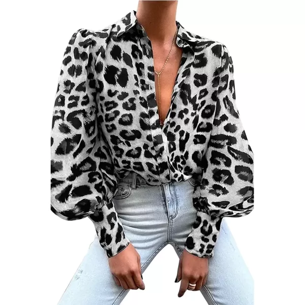 imagechouyatou Womens Sexy Long Puff Sleeve Leopard Print Button Down Shirt Blouse TopsGrey