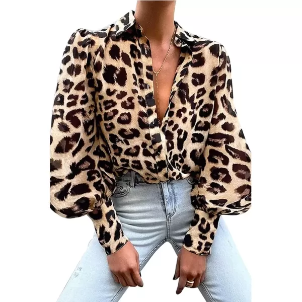 imagechouyatou Womens Sexy Long Puff Sleeve Leopard Print Button Down Shirt Blouse TopsYellow