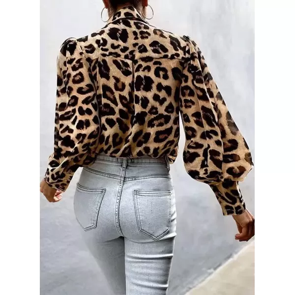 imagechouyatou Womens Sexy Long Puff Sleeve Leopard Print Button Down Shirt Blouse TopsYellow