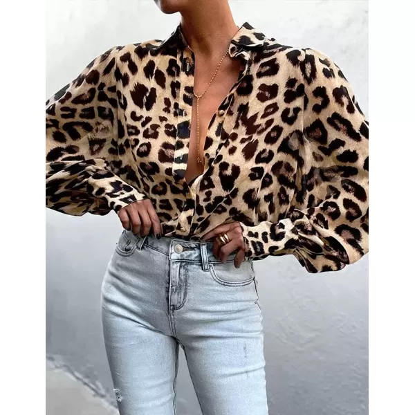 imagechouyatou Womens Sexy Long Puff Sleeve Leopard Print Button Down Shirt Blouse TopsYellow