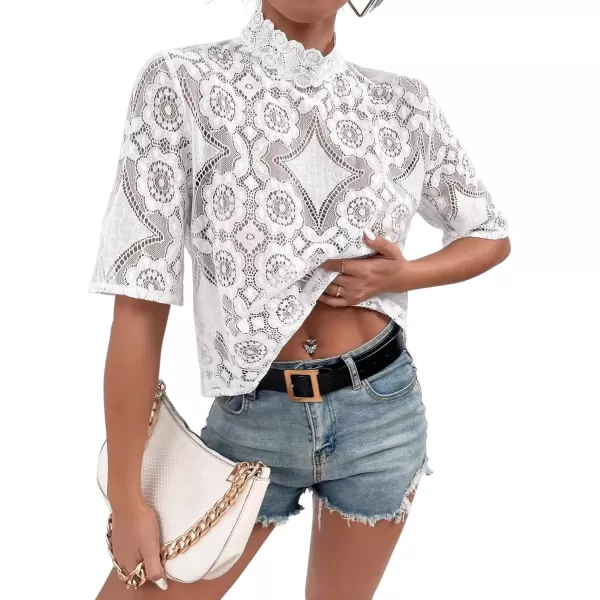 imagechouyatou Womens Sexy See Through Crochet Eyelet Stand Collar Night Club Lace Blouse Shirt TopsWhite