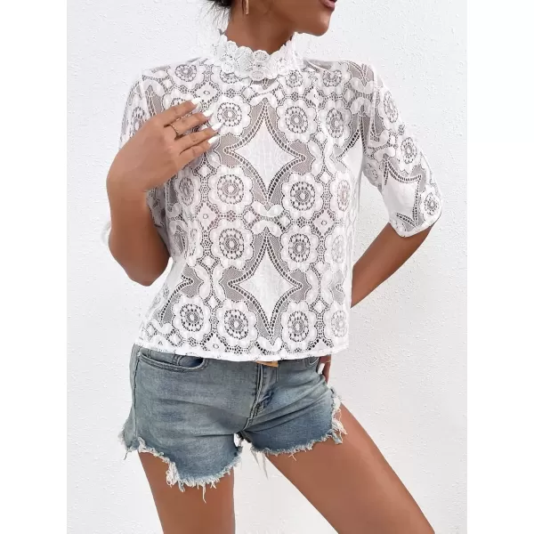 imagechouyatou Womens Sexy See Through Crochet Eyelet Stand Collar Night Club Lace Blouse Shirt TopsWhite