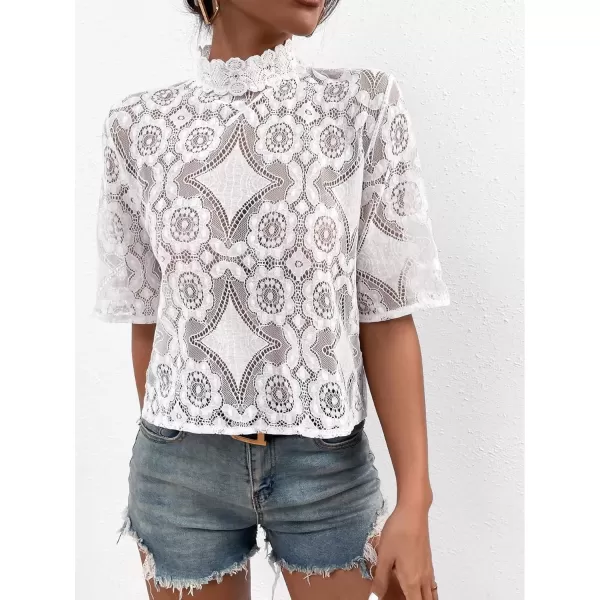 imagechouyatou Womens Sexy See Through Crochet Eyelet Stand Collar Night Club Lace Blouse Shirt TopsWhite