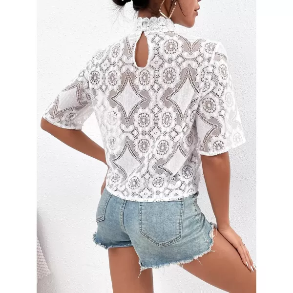 imagechouyatou Womens Sexy See Through Crochet Eyelet Stand Collar Night Club Lace Blouse Shirt TopsWhite