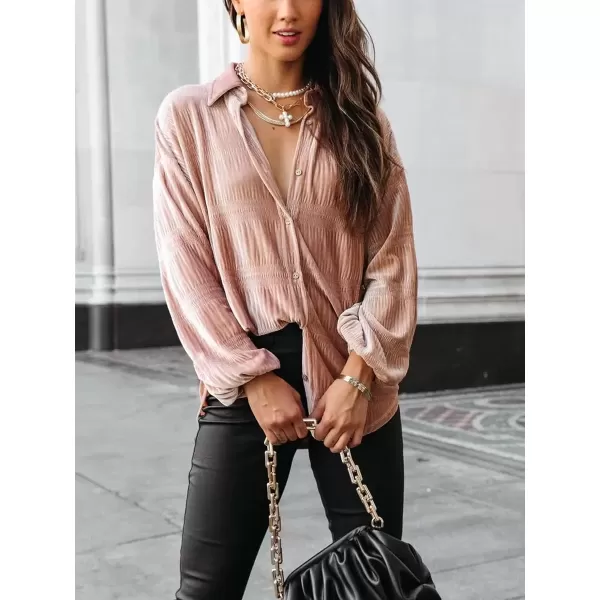 imagechouyatou Womens Shirred Velvet Long Lantern Sleeve Button Down Shirt Blouse TopsApricot