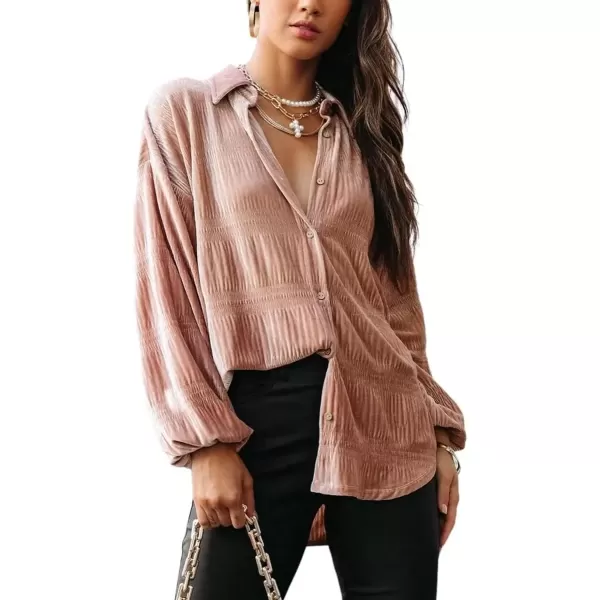 imagechouyatou Womens Shirred Velvet Long Lantern Sleeve Button Down Shirt Blouse TopsApricot