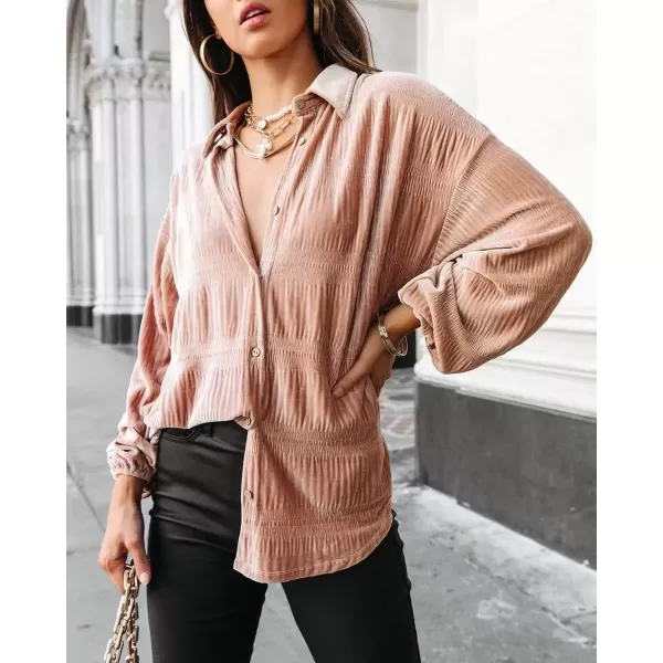 imagechouyatou Womens Shirred Velvet Long Lantern Sleeve Button Down Shirt Blouse TopsApricot