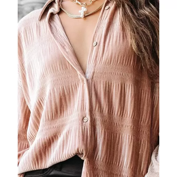 imagechouyatou Womens Shirred Velvet Long Lantern Sleeve Button Down Shirt Blouse TopsApricot