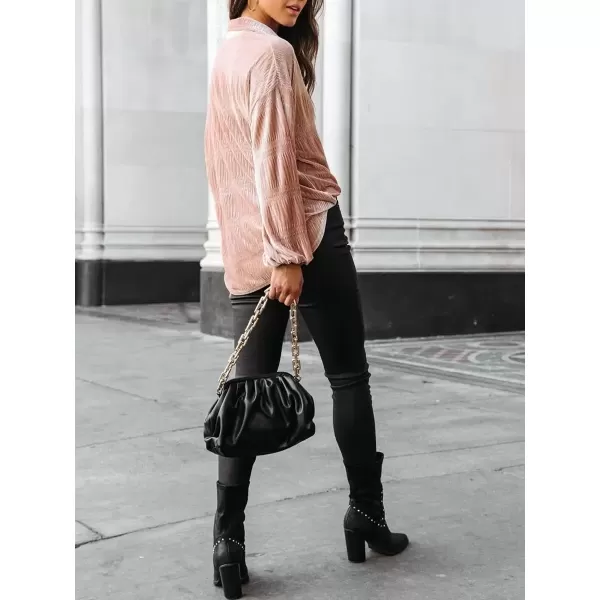 imagechouyatou Womens Shirred Velvet Long Lantern Sleeve Button Down Shirt Blouse TopsApricot