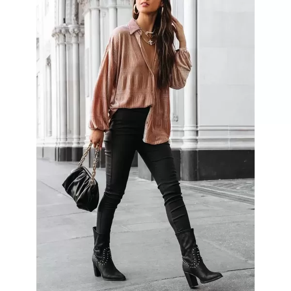 imagechouyatou Womens Shirred Velvet Long Lantern Sleeve Button Down Shirt Blouse TopsApricot
