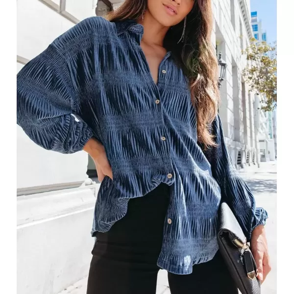 imagechouyatou Womens Shirred Velvet Long Lantern Sleeve Button Down Shirt Blouse TopsBlue