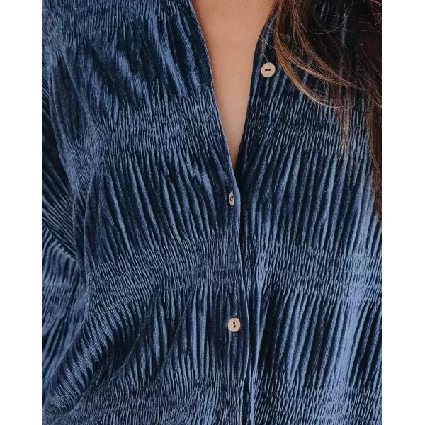 imagechouyatou Womens Shirred Velvet Long Lantern Sleeve Button Down Shirt Blouse TopsBlue